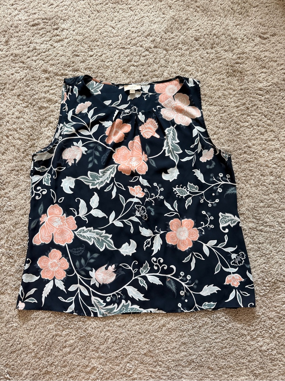 LOFT Navy Floral Sleeveless Blouse with Coral Accents
